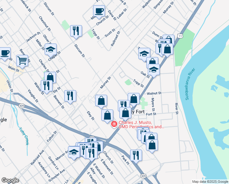 map of restaurants, bars, coffee shops, grocery stores, and more near 103 Slocum Street in Forty Fort