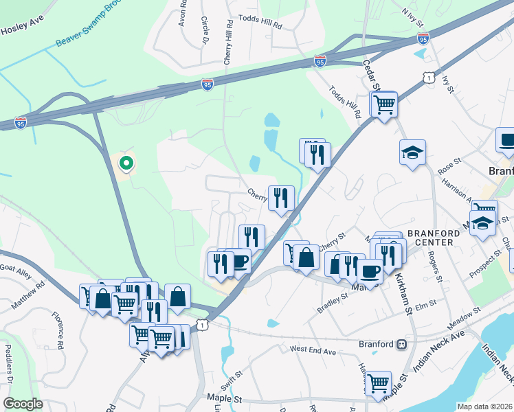 map of restaurants, bars, coffee shops, grocery stores, and more near 36 Montoya Drive in Branford