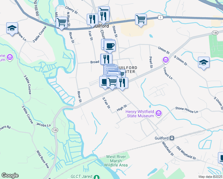 map of restaurants, bars, coffee shops, grocery stores, and more near 11 Water Street in Guilford