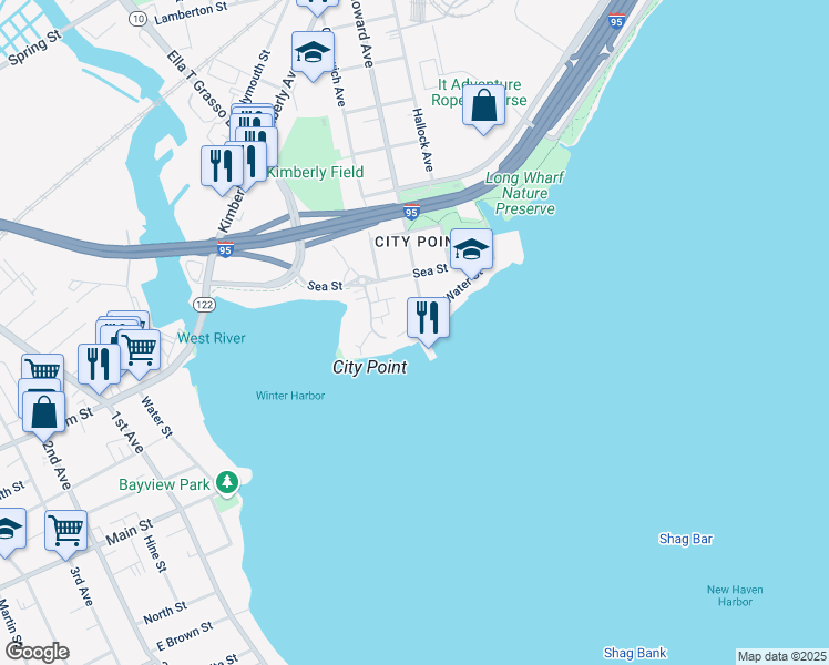 map of restaurants, bars, coffee shops, grocery stores, and more near 100 South Water Street in New Haven