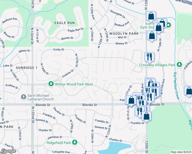 map of restaurants, bars, coffee shops, grocery stores, and more near 2205 North 125th Avenue Circle in Omaha