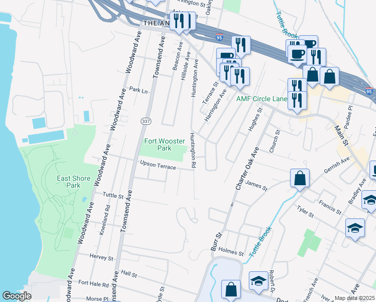 map of restaurants, bars, coffee shops, grocery stores, and more near 30 Huntington Road in New Haven