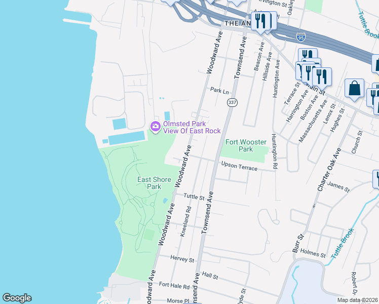 map of restaurants, bars, coffee shops, grocery stores, and more near 465 Woodward Avenue in New Haven