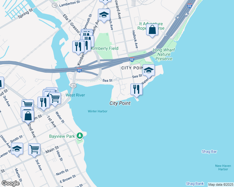 map of restaurants, bars, coffee shops, grocery stores, and more near 19 Harbour Close in New Haven