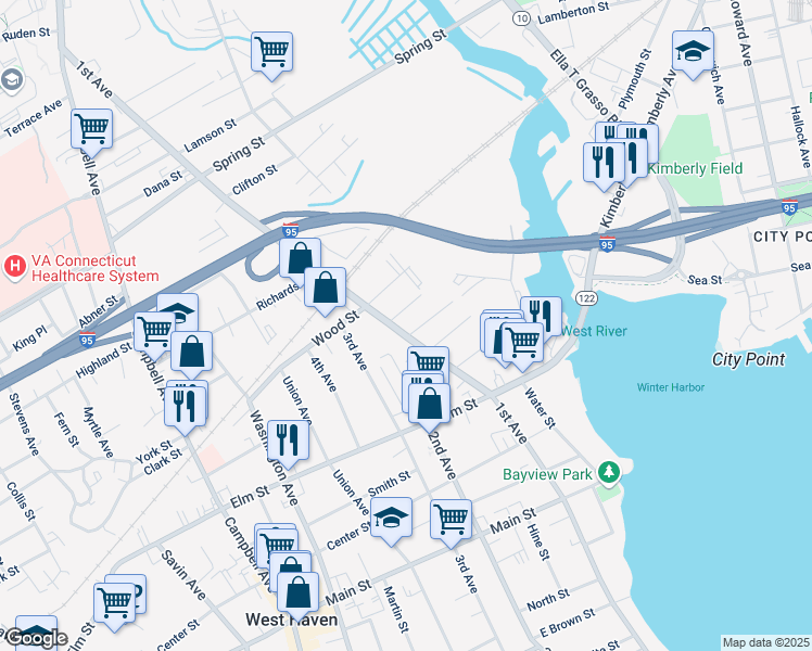 map of restaurants, bars, coffee shops, grocery stores, and more near 46 Thompson Street in West Haven