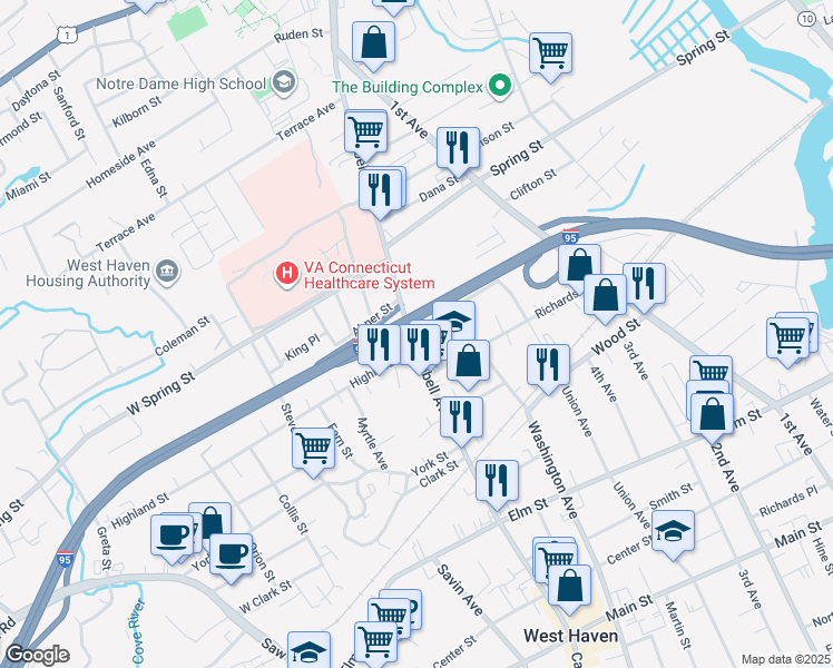 map of restaurants, bars, coffee shops, grocery stores, and more near 70 Hall Street in West Haven