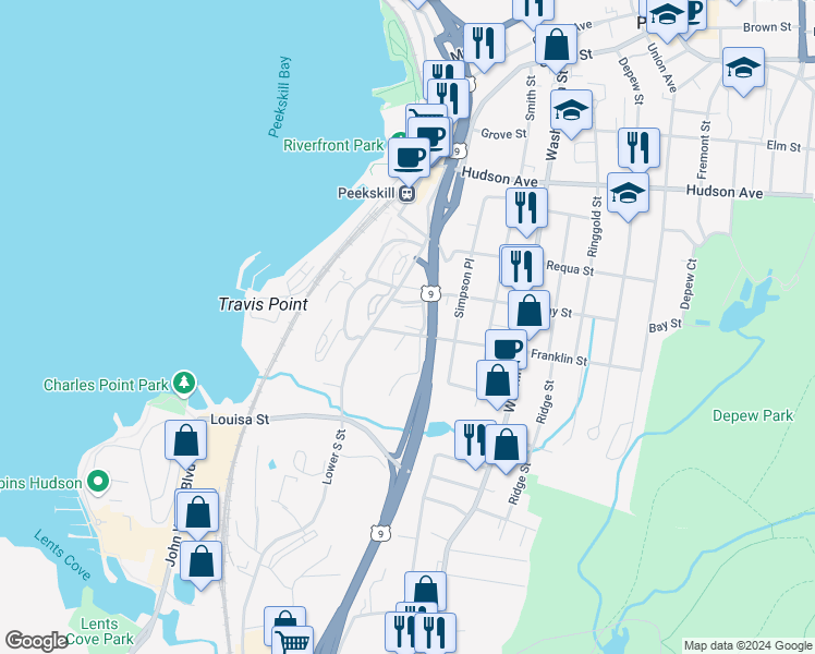map of restaurants, bars, coffee shops, grocery stores, and more near 24 Waterview Estate in Peekskill