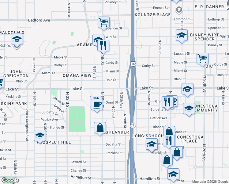 map of restaurants, bars, coffee shops, grocery stores, and more near 2864 Lake Street in Omaha