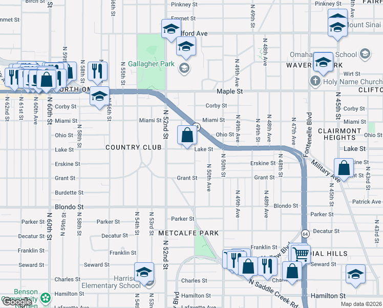 map of restaurants, bars, coffee shops, grocery stores, and more near 5074 Lake Street in Omaha