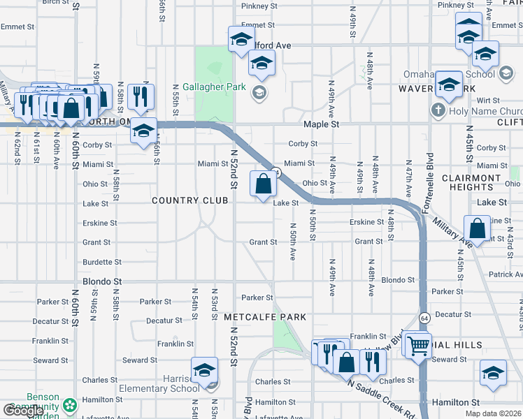 map of restaurants, bars, coffee shops, grocery stores, and more near 2502 North 51st Avenue in Omaha