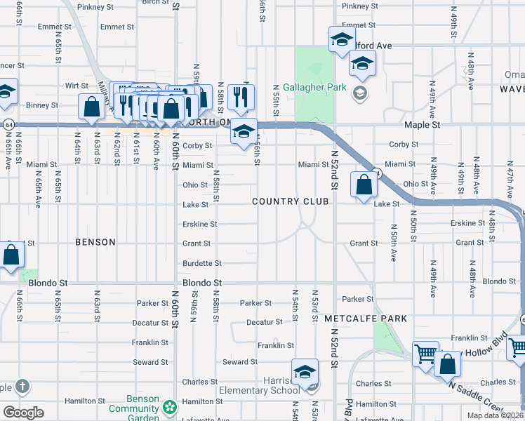 map of restaurants, bars, coffee shops, grocery stores, and more near 2504 North 56th Street in Omaha