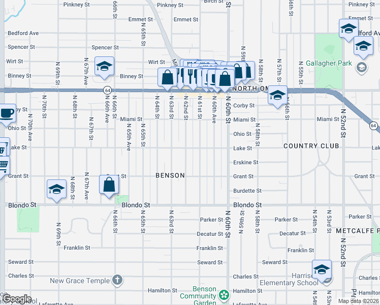 map of restaurants, bars, coffee shops, grocery stores, and more near 2504 North 61st Street in Omaha