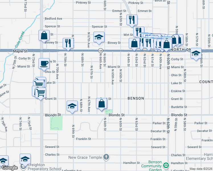 map of restaurants, bars, coffee shops, grocery stores, and more near 2504 North 65th Avenue in Omaha