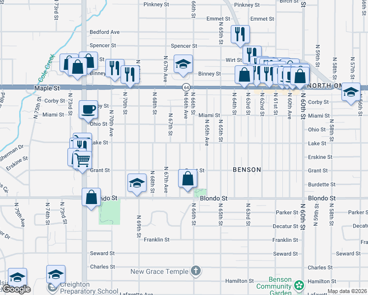 map of restaurants, bars, coffee shops, grocery stores, and more near 6612 Lake Street in Omaha