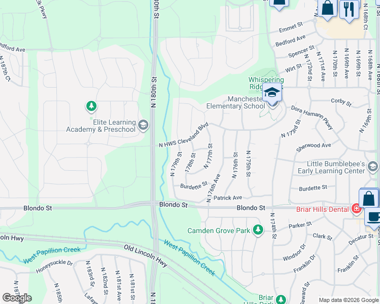 map of restaurants, bars, coffee shops, grocery stores, and more near 2406 North 178th Street in Douglas County