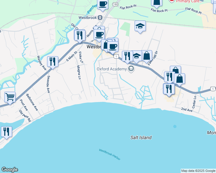 map of restaurants, bars, coffee shops, grocery stores, and more near 61 Brookside Avenue East in Westbrook