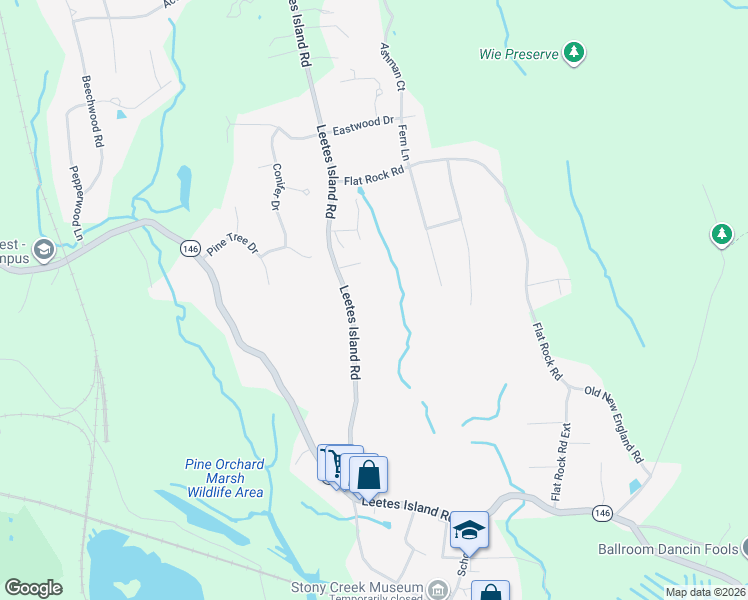 map of restaurants, bars, coffee shops, grocery stores, and more near 300 Leetes Island Road in Branford