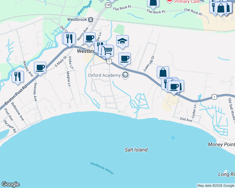 map of restaurants, bars, coffee shops, grocery stores, and more near 118 Salt Island Road in Westbrook