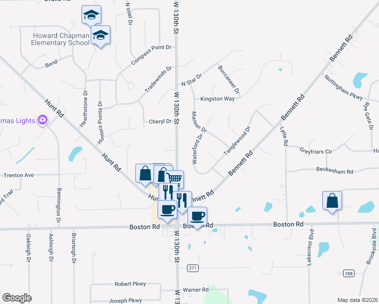 map of restaurants, bars, coffee shops, grocery stores, and more near 17851 West 130th Street in North Royalton