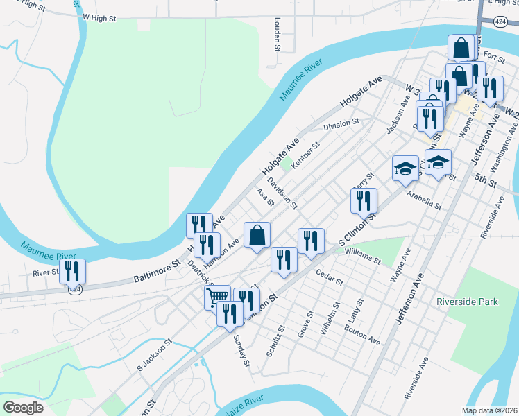 map of restaurants, bars, coffee shops, grocery stores, and more near 926 Warren Street in Defiance