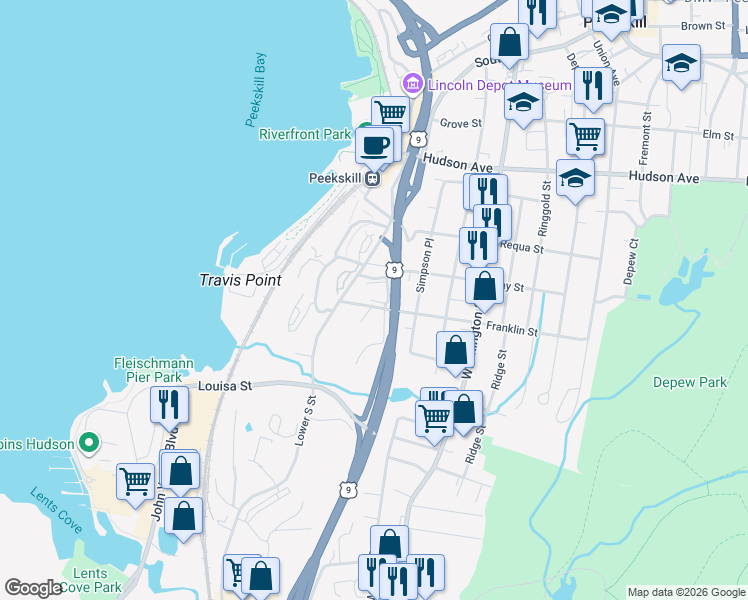 map of restaurants, bars, coffee shops, grocery stores, and more near 24 Waterview Estate in Peekskill
