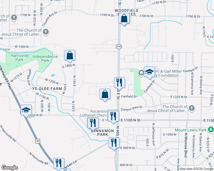 map of restaurants, bars, coffee shops, grocery stores, and more near East 1275 North Street in Ogden