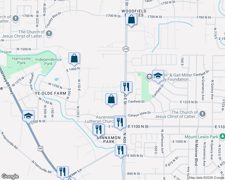 map of restaurants, bars, coffee shops, grocery stores, and more near East 1275 North Street in Ogden