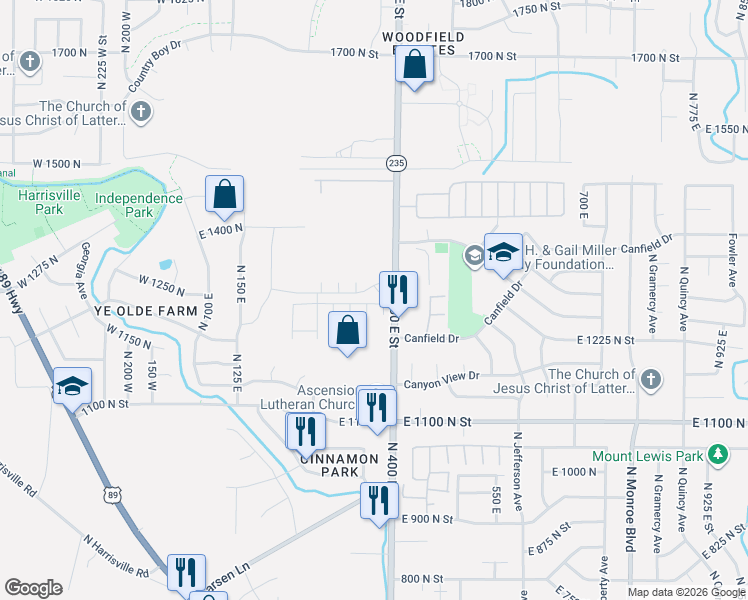 map of restaurants, bars, coffee shops, grocery stores, and more near 360 East 1275 North Street in Harrisville