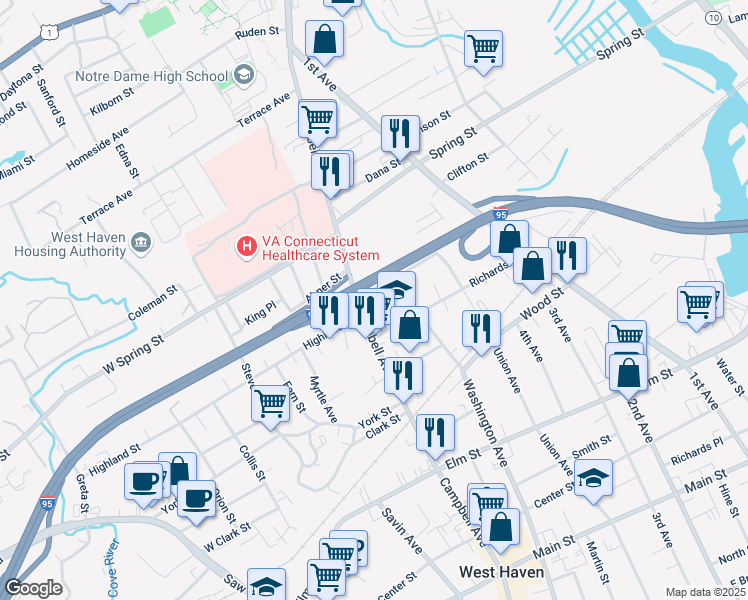 map of restaurants, bars, coffee shops, grocery stores, and more near 70 Hall Street in West Haven