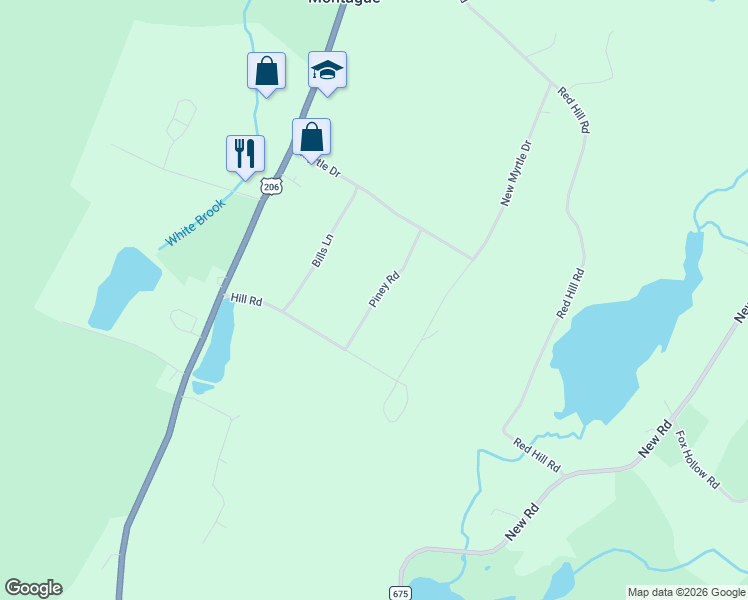 map of restaurants, bars, coffee shops, grocery stores, and more near 6 Piney Road in Montague
