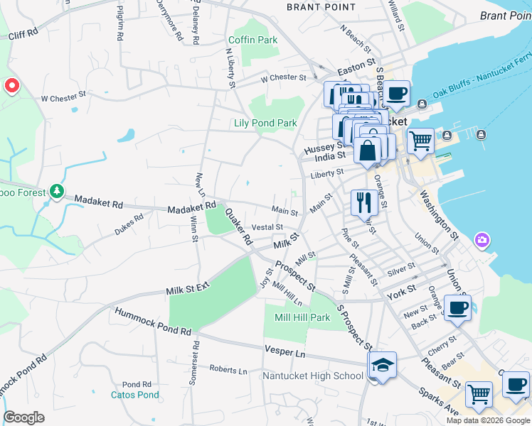 map of restaurants, bars, coffee shops, grocery stores, and more near 127 Main Street in Nantucket
