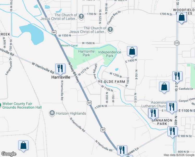 map of restaurants, bars, coffee shops, grocery stores, and more near 1262 North 275 West in Harrisville