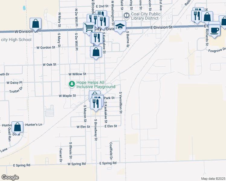 map of restaurants, bars, coffee shops, grocery stores, and more near 117 East Blackstone Street in Coal City