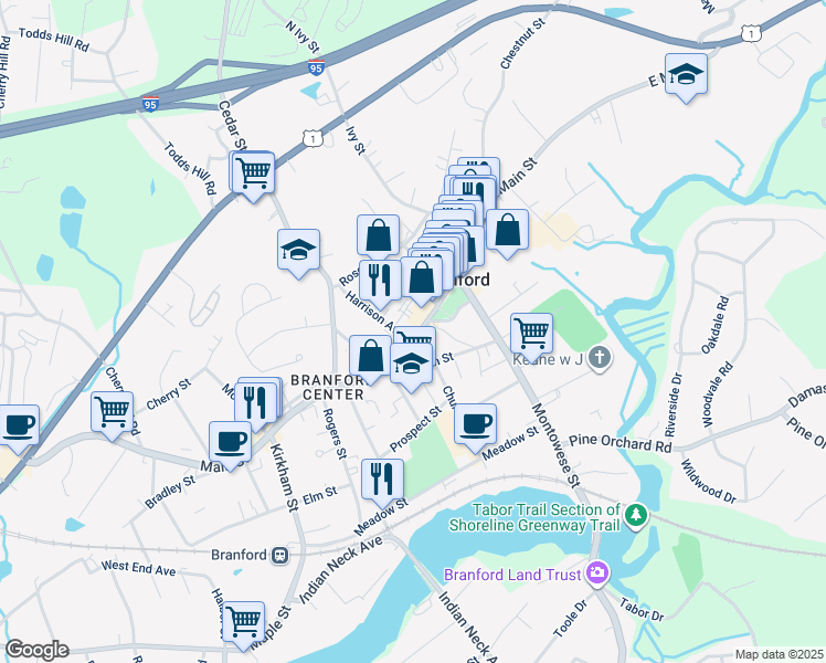 map of restaurants, bars, coffee shops, grocery stores, and more near 1008 Main Street in Branford