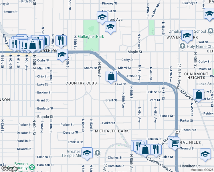 map of restaurants, bars, coffee shops, grocery stores, and more near 2502 North 51st Avenue in Omaha