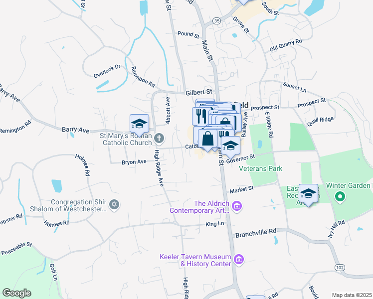map of restaurants, bars, coffee shops, grocery stores, and more near 31 Catoonah Street in Ridgefield