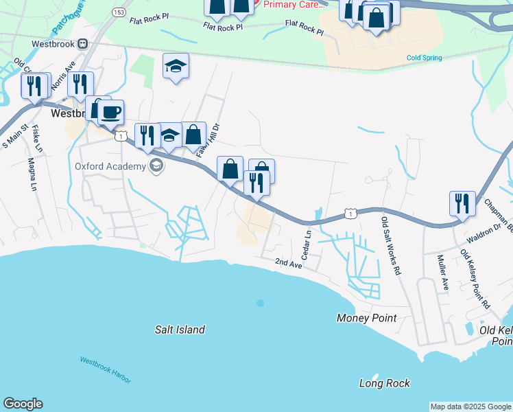 map of restaurants, bars, coffee shops, grocery stores, and more near 1566 Boston Post Road in Westbrook