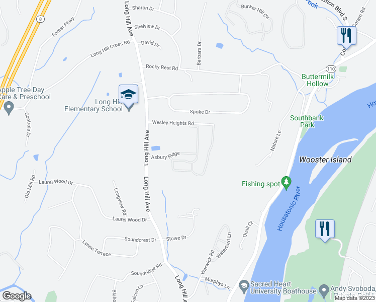 map of restaurants, bars, coffee shops, grocery stores, and more near 580 Long Hill Avenue in Shelton
