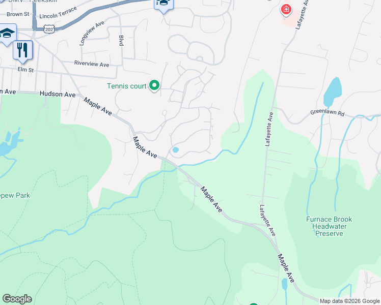 map of restaurants, bars, coffee shops, grocery stores, and more near 3801 Garden Court in Peekskill