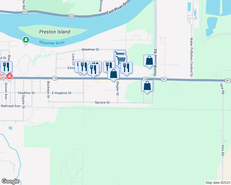 map of restaurants, bars, coffee shops, grocery stores, and more near 530 Degler Street in Defiance