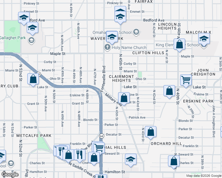 map of restaurants, bars, coffee shops, grocery stores, and more near 2430 North 45th Avenue in Omaha