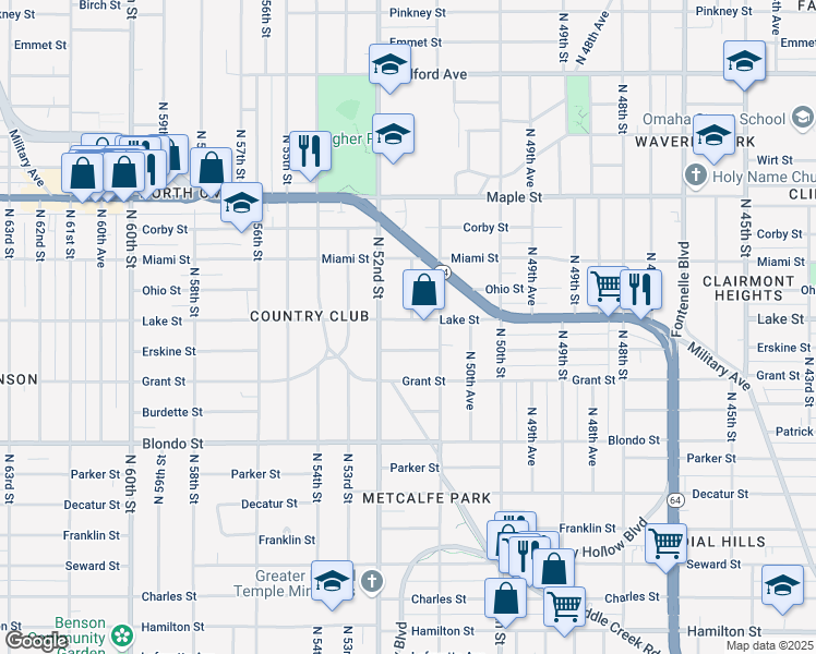 map of restaurants, bars, coffee shops, grocery stores, and more near 2502 North 51st Avenue in Omaha