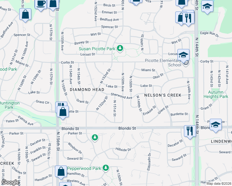 map of restaurants, bars, coffee shops, grocery stores, and more near 15063 Lake Street in Omaha