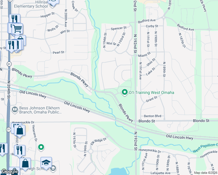 map of restaurants, bars, coffee shops, grocery stores, and more near 2412 193rd Court in Omaha
