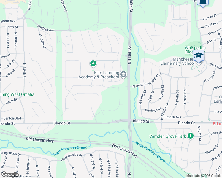 map of restaurants, bars, coffee shops, grocery stores, and more near 2350 North 180th Street in Omaha