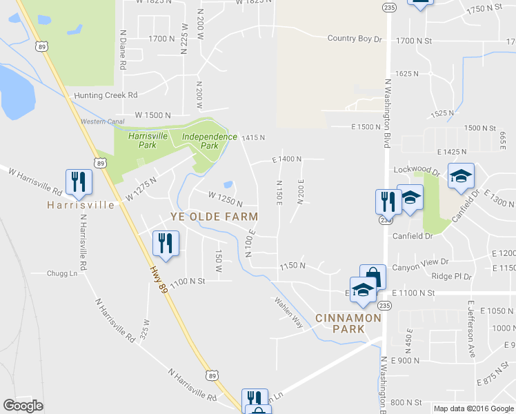 map of restaurants, bars, coffee shops, grocery stores, and more near 1189 North 100 East in Harrisville