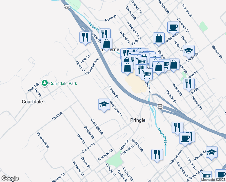 map of restaurants, bars, coffee shops, grocery stores, and more near Cooper Street in Pringle