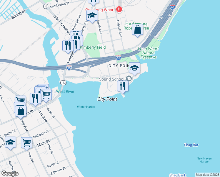map of restaurants, bars, coffee shops, grocery stores, and more near 41 Harbour Close in New Haven