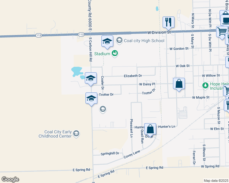 map of restaurants, bars, coffee shops, grocery stores, and more near 695 West Daisy Place in Coal City