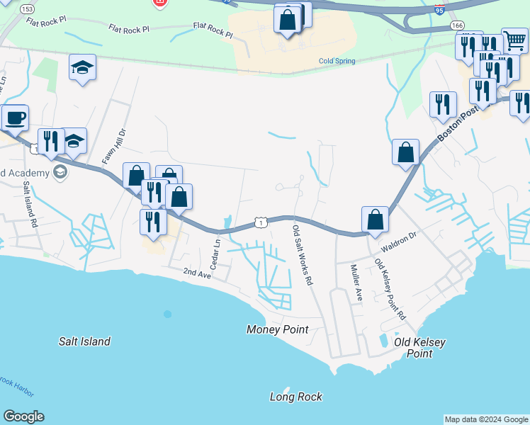 map of restaurants, bars, coffee shops, grocery stores, and more near 1742 Boston Post Road in Westbrook
